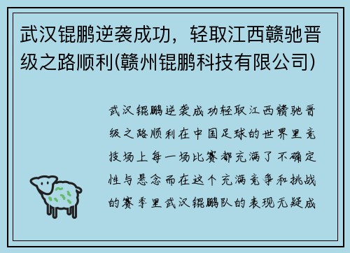 武汉锟鹏逆袭成功，轻取江西赣驰晋级之路顺利(赣州锟鹏科技有限公司)